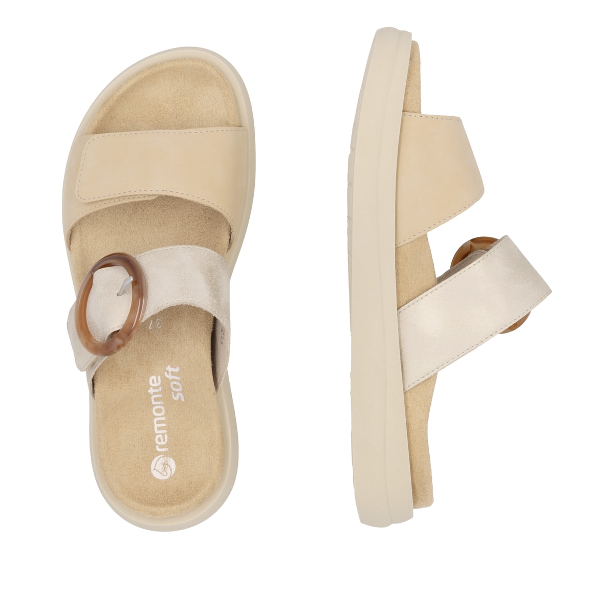 Braune vegane remonte Damen Pantoletten D2N51-20 mit einem Klettverschluss. Schuh von oben, liegend.