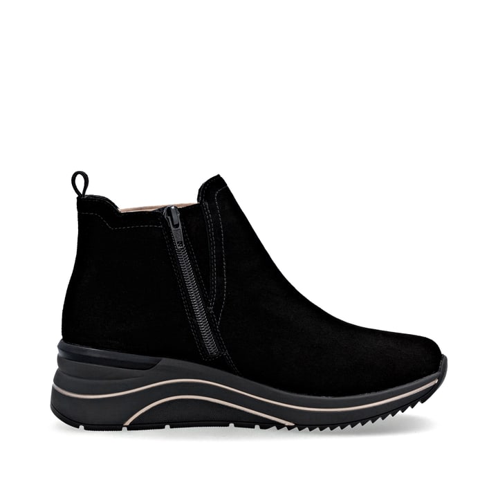 Schwarze remonte Chelsea Boots D0T75-04 mit Leo-Print sowie einem Reißverschluss. Schuh Innenseite.