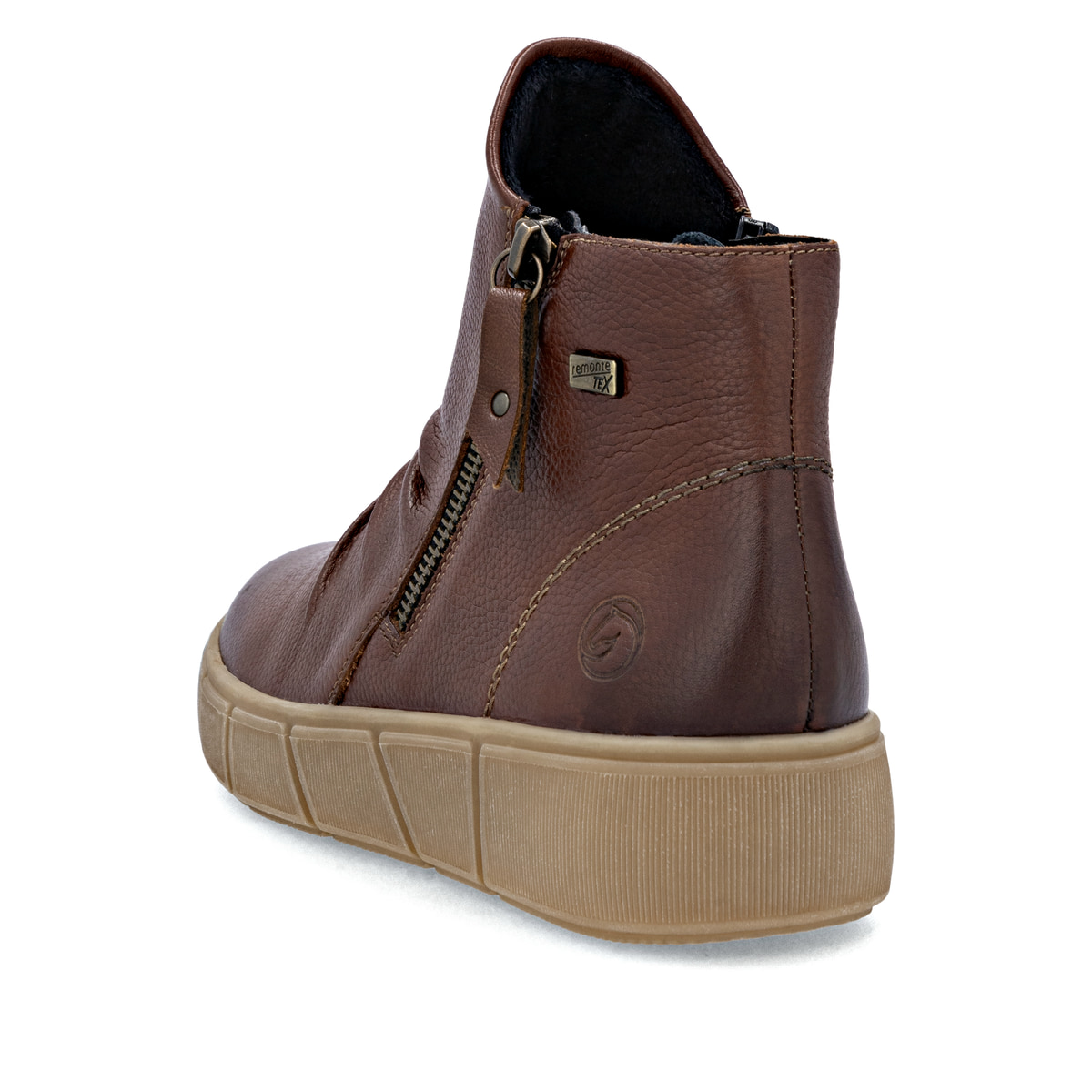 Braune remonte Damen Kurzstiefel D1T73-24 mit wasserabweisender TEX-Membran. Schuh von hinten.