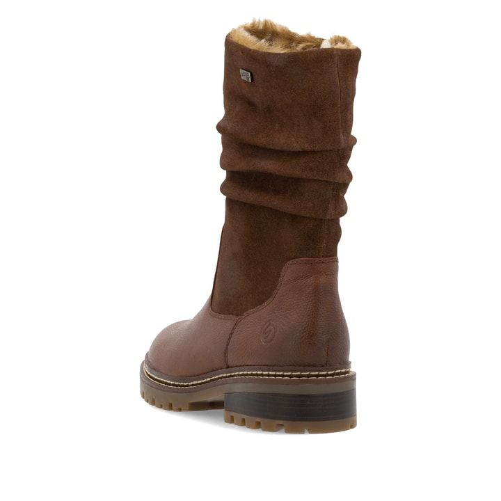 Nussbraune remonte Damen Kurzstiefel D0B80-24 mit griffiger Glass-Fibre Sohle. Schuh von hinten.