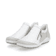 Silberweiße remonte Damen Slipper R1428-80 mit einem Reißverschluss. Schuhpaar seitlich schräg.
