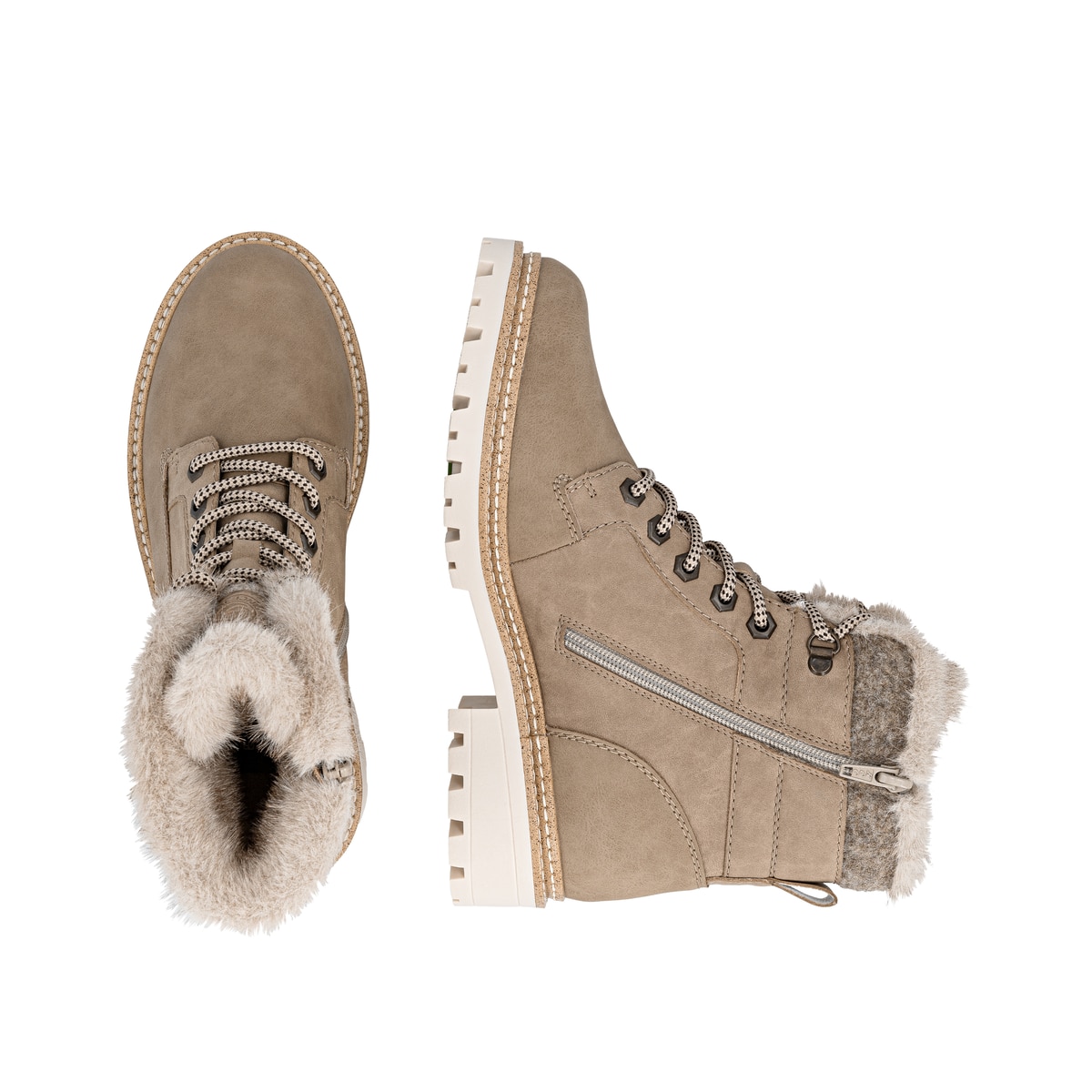 Camelfarbene remonte Damen Schnürstiefel D0B81-20 mit weichem Schaftrand. Schuh von oben, liegend.