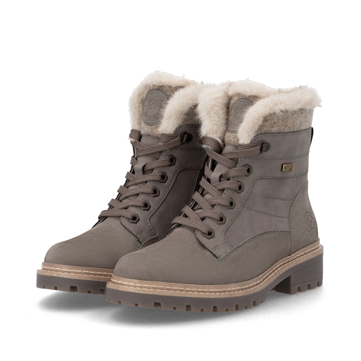 Graue remonte Damen Schnürstiefel D0B81-42 mit wasserabweisender TEX-Membran. Schuhpaar seitlich schräg.