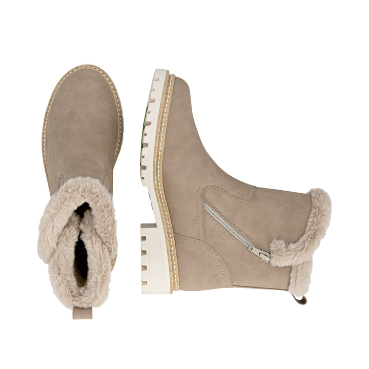 Dunkelbeige remonte Damen Kurzstiefel D0B83-20 mit griffiger Glass-Fibre Sohle. Schuh von oben, liegend.