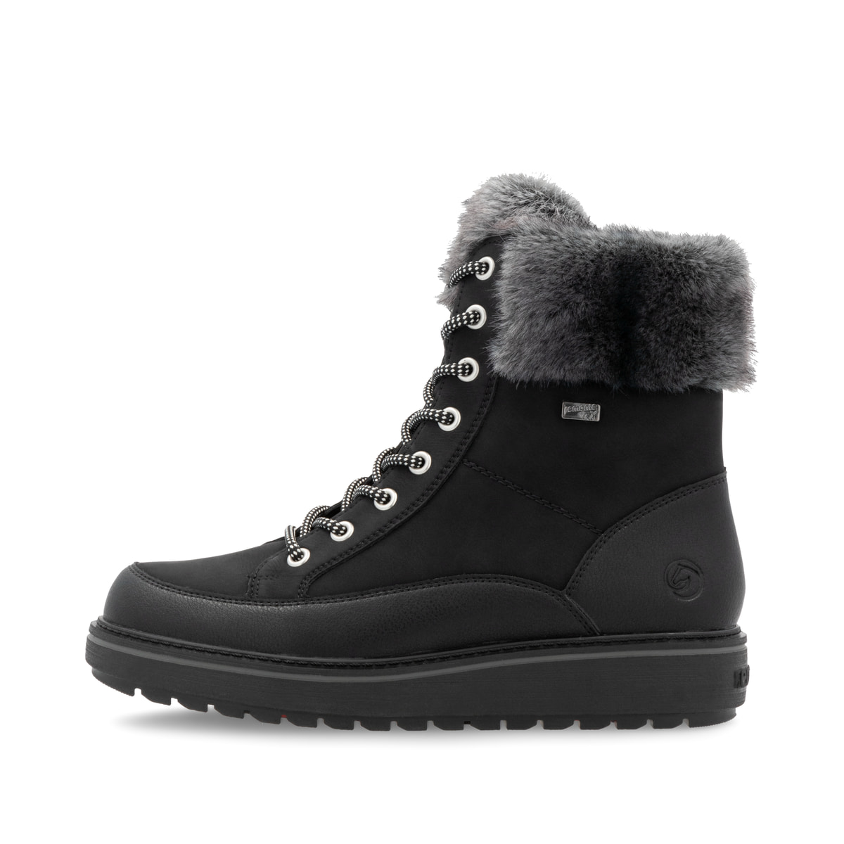 Nachtschwarze remonte Damen Schnürstiefel D0U78-03 mit Flip-Grip Sohle. Schuh Außenseite.