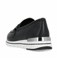 Schwarze remonte Damen Loafer R6711-00 mit einem Gummizug sowie Komfortweite G. Schuh von hinten.