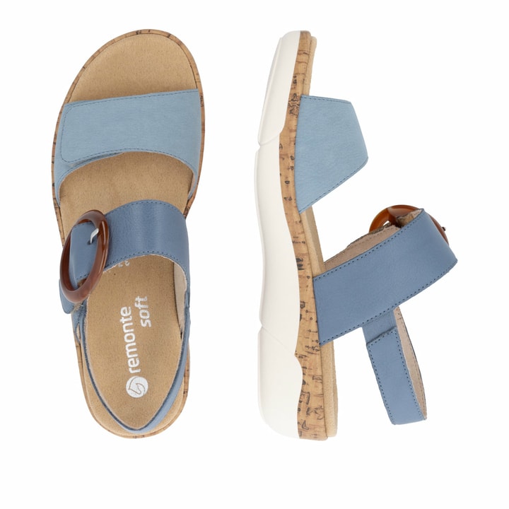 Sandales à lanières remonte bleues femme R6853-15 avec boucle tendance. Chaussure vue de dessus, couchée.