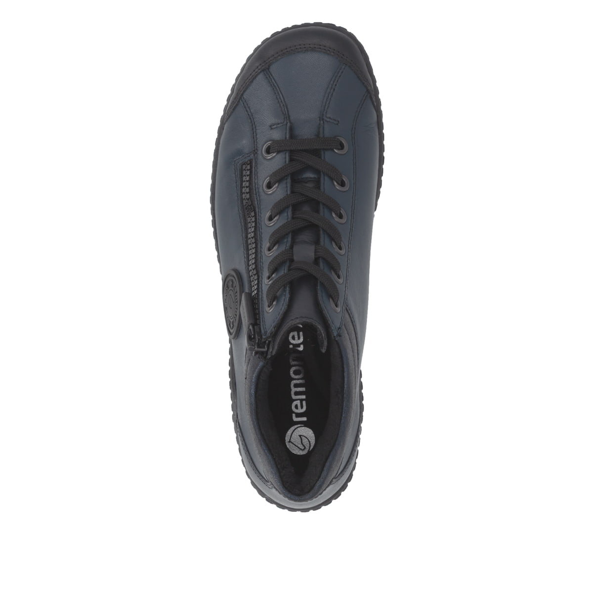 Dunkelblaue remonte Damen Schnürstiefel R1477-15 mit einem Reißverschluss. Schuh von oben.