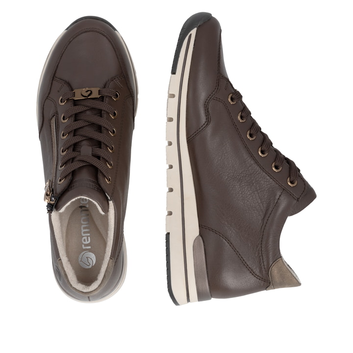 Dunkelbraune remonte Damen Sneaker R6777-25 mit wasserabweisender TEX-Membran. Schuh von oben, liegend.