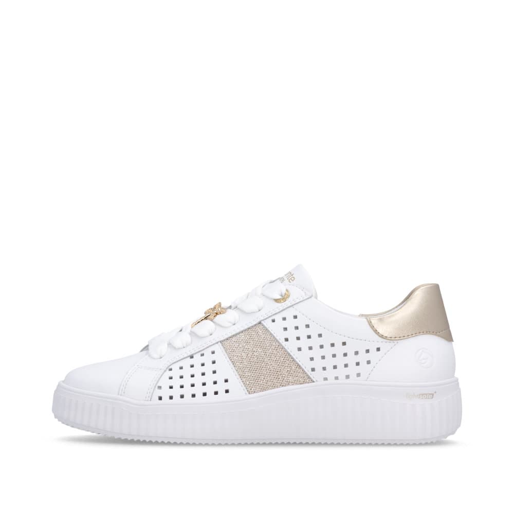 Weißbeige remonte Damen Schnürschuhe D3E04-80 mit dekorativem Schmuckdetail. Schuh Außenseite.