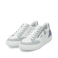 Weiße remonte Damen Sneaker Low D2J01-80 mit Reißverschluss sowie Komfortweite G. Schuhpaar seitlich schräg.