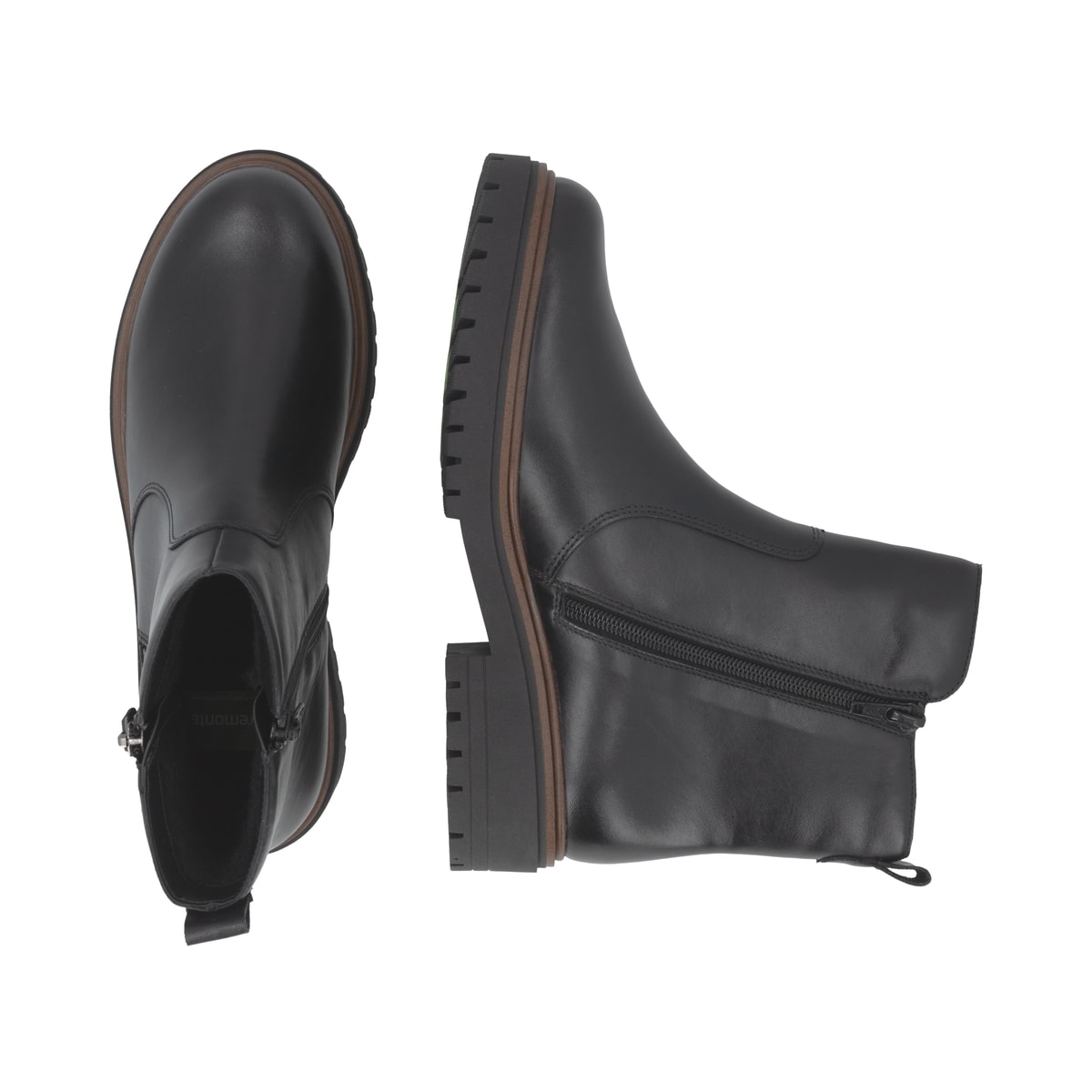 Schwarze remonte Damen Kurzstiefel D4B72-00 mit wasserabweisender TEX-Membran. Schuh von oben, liegend.