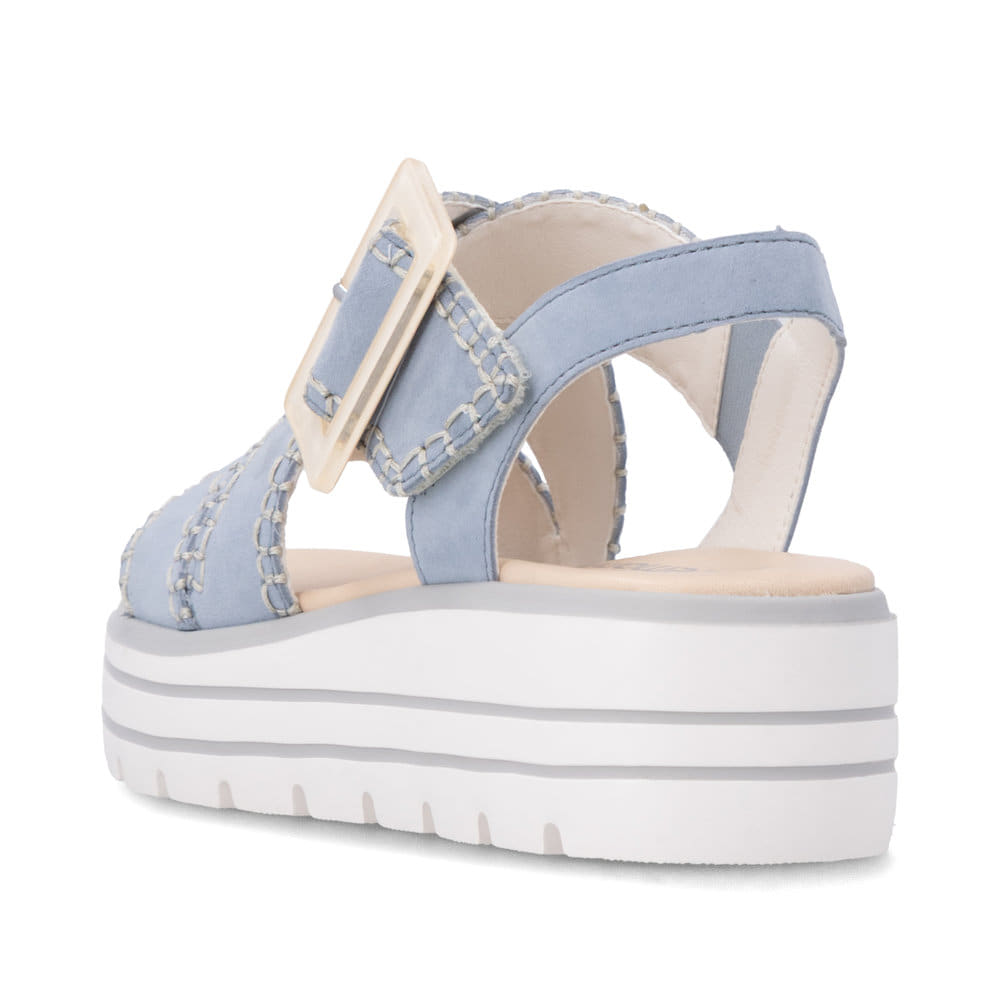 Sandales compensées remonte bleues femme D3N51-10 avec boucle tendance. Chaussure vue de l'arrière.