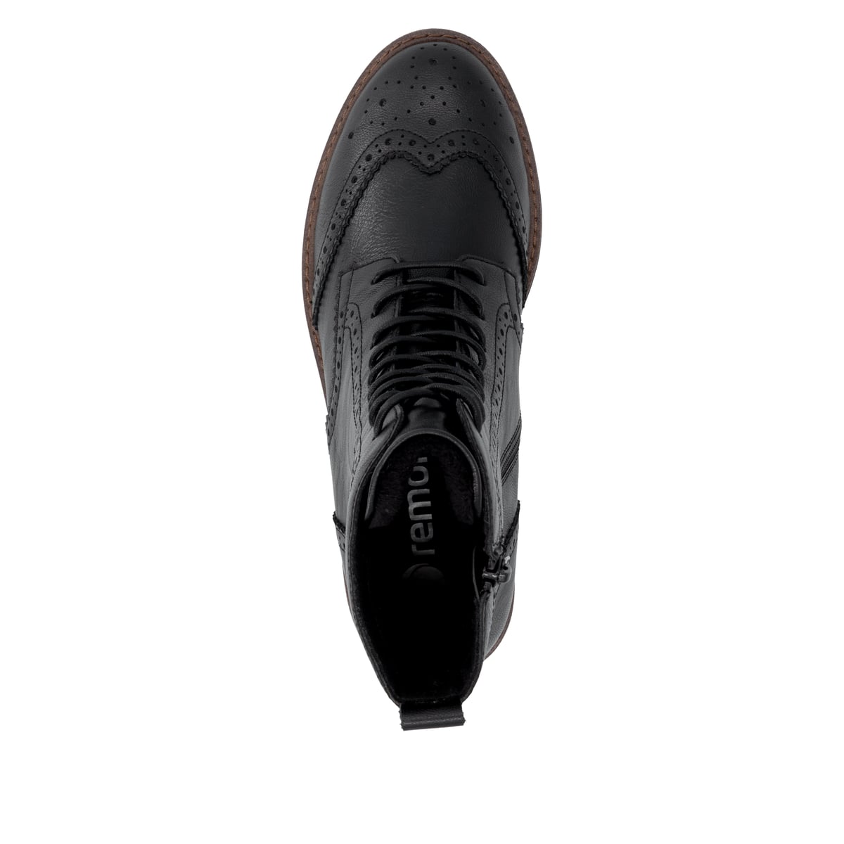 Schwarze remonte Damen Schnürstiefel D2Q73-00 mit einem Reißverschluss. Schuh von oben.