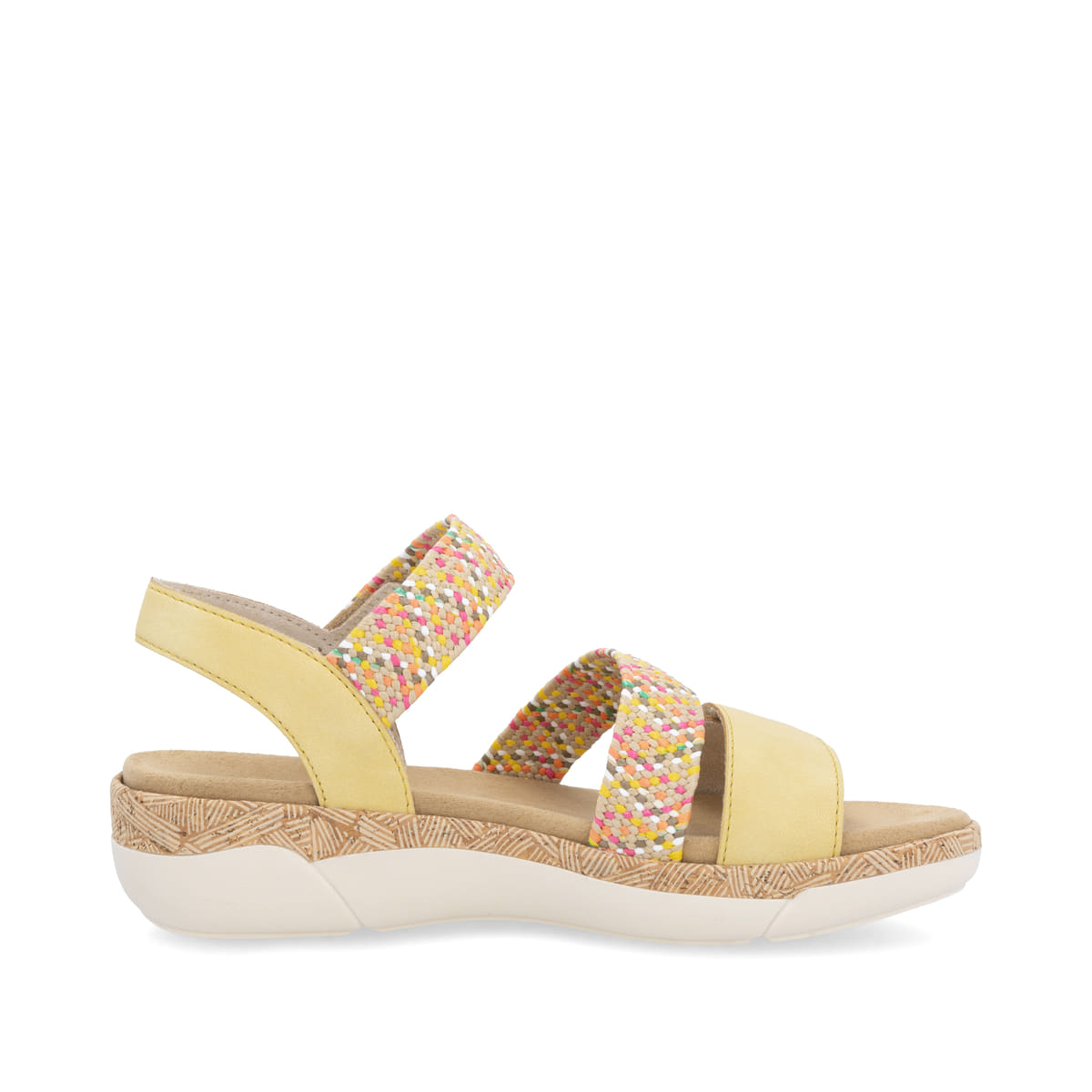 Gelbe remonte Riemchensandalen R6861-68 mit einem Klettverschluss. Schuh Innenseite.