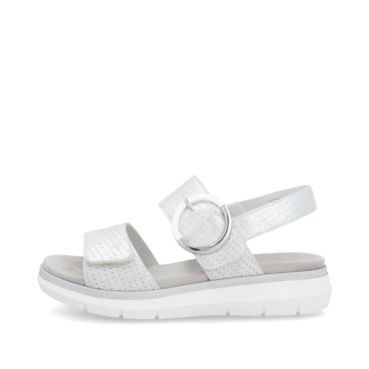 Silberne remonte Keilsandaletten D2K50-91 mit einem Klettverschluss. Schuh Außenseite.