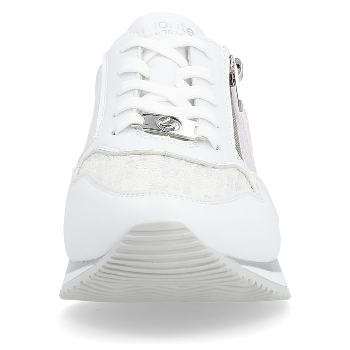 Reinweiße vegane remonte Damen Sneaker D0H12-80 mit einem Reißverschluss. Schuh von vorne.