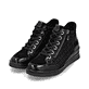Schwarze remonte Damen Schnürstiefel R0773-05 mit einem Reißverschluss. Schuhpaar seitlich schräg.