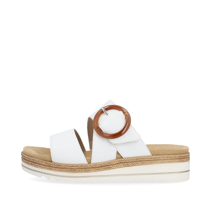 Weiße remonte Damen Pantoletten D0Q51-82 mit einem Klettverschluss. Schuh Außenseite.
