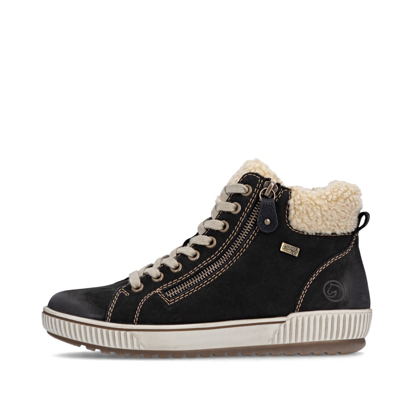 Schwarze remonte Damen Schnürstiefel D0770-03 mit wasserabweisender TEX-Membran. Schuh Außenseite.