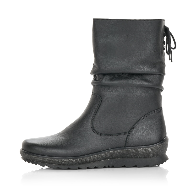 Tiefschwarze remonte Damen Kurzstiefel R8471-01 mit einer flexiblen Profilsohle. Schuh Außenseite