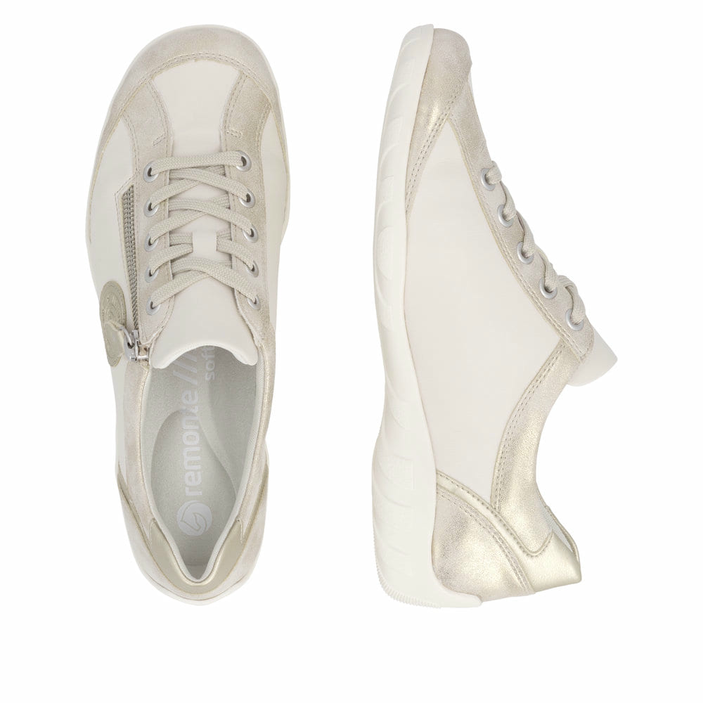 Beige vegane remonte Damen Schnürschuhe R3408-61 mit einem Reißverschluss. Schuh von oben, liegend.