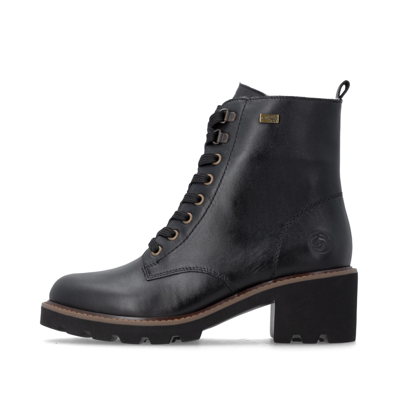 Schwarze remonte Damen Schnürstiefel D0A81-03 mit wasserabweisender TEX-Membran. Schuh Außenseite.