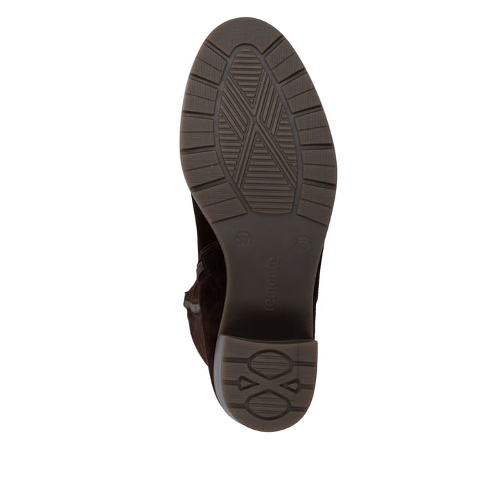 Dunkelbraune remonte Hochschaftstiefel D2A78-25 mit einem Reißverschluss. Schuh Laufsohle.