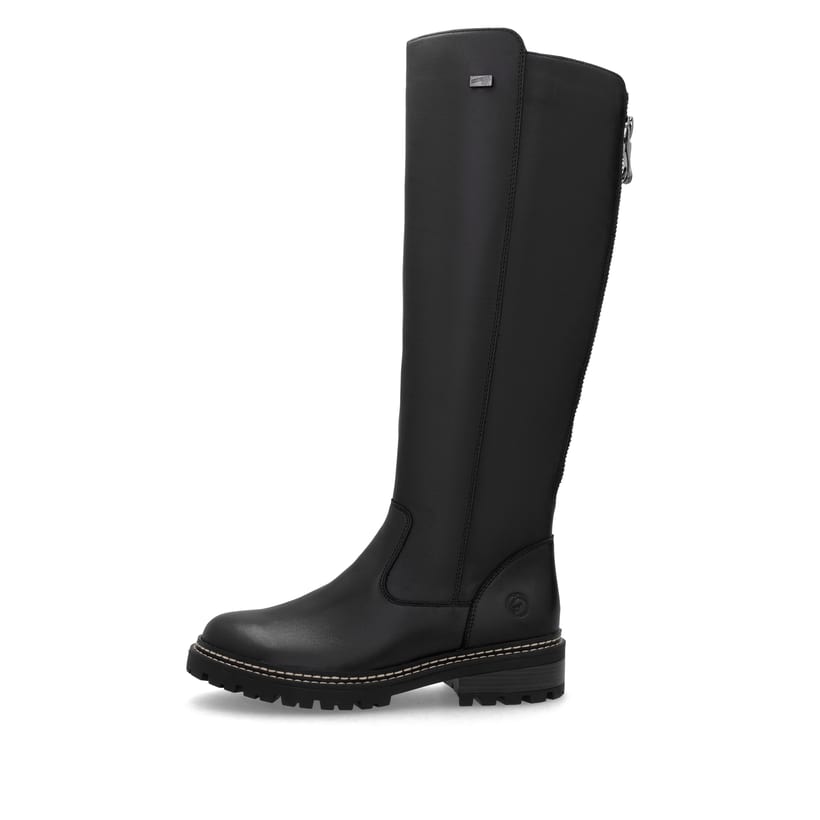 Schwarze remonte Hochschaftstiefel D0B72-01 mit wasserabweisender TEX-Membran. Schuh Außenseite.