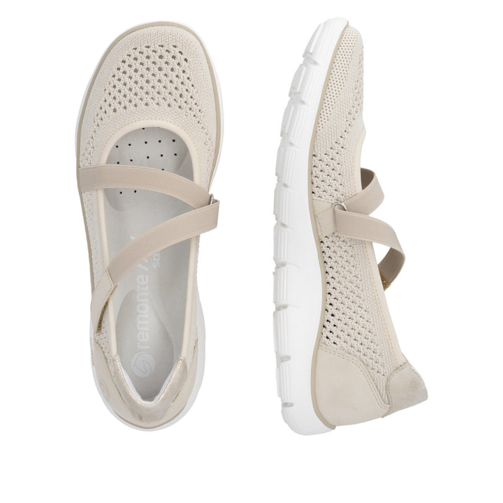 Ballerines remonte beiges pour femme D3G05-60 avec fermeture velcro. Chaussure vue de dessus, couchée.