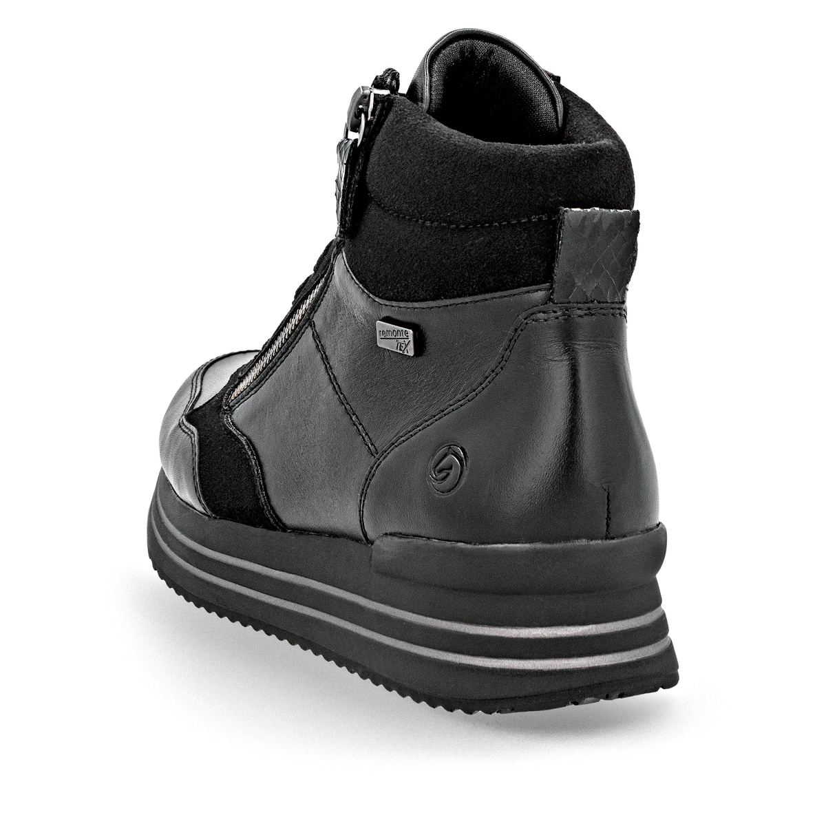 Schwarze remonte Damen Schnürstiefel D1371-00 mit wasserabweisender TEX-Membran. Schuh von hinten.