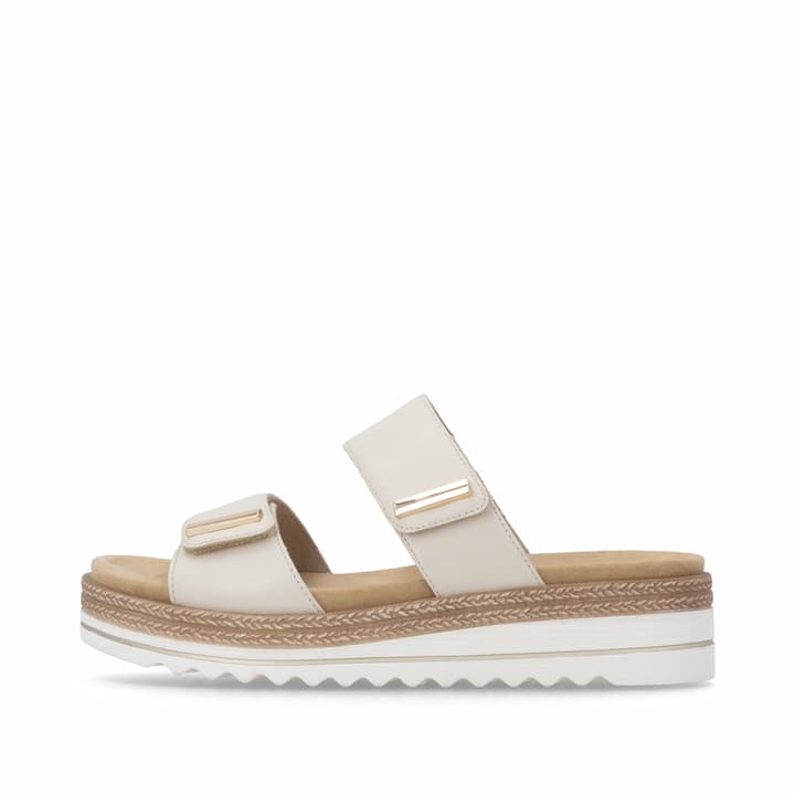 Beige remonte Damen Pantoletten D0Q64-60 mit einem Klettverschluss. Schuh Außenseite.