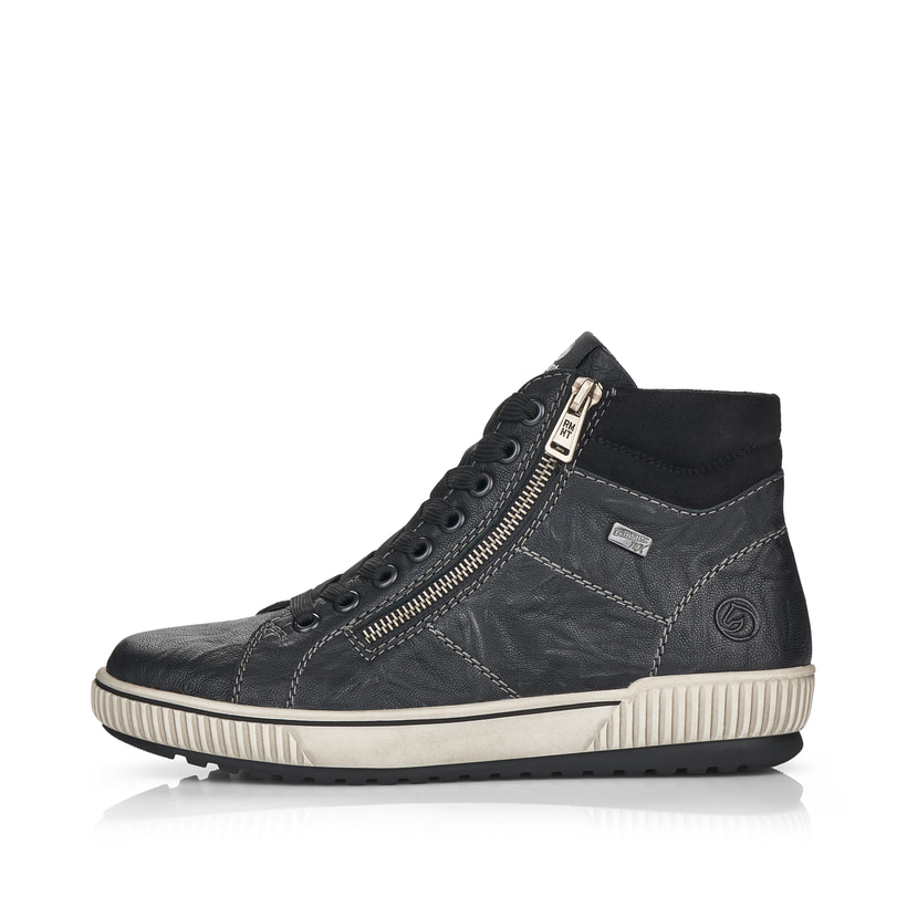 Schwarze remonte Damen Schnürstiefel D0772-01 mit wasserabweisender TEX-Membran. Schuh Außenseite.