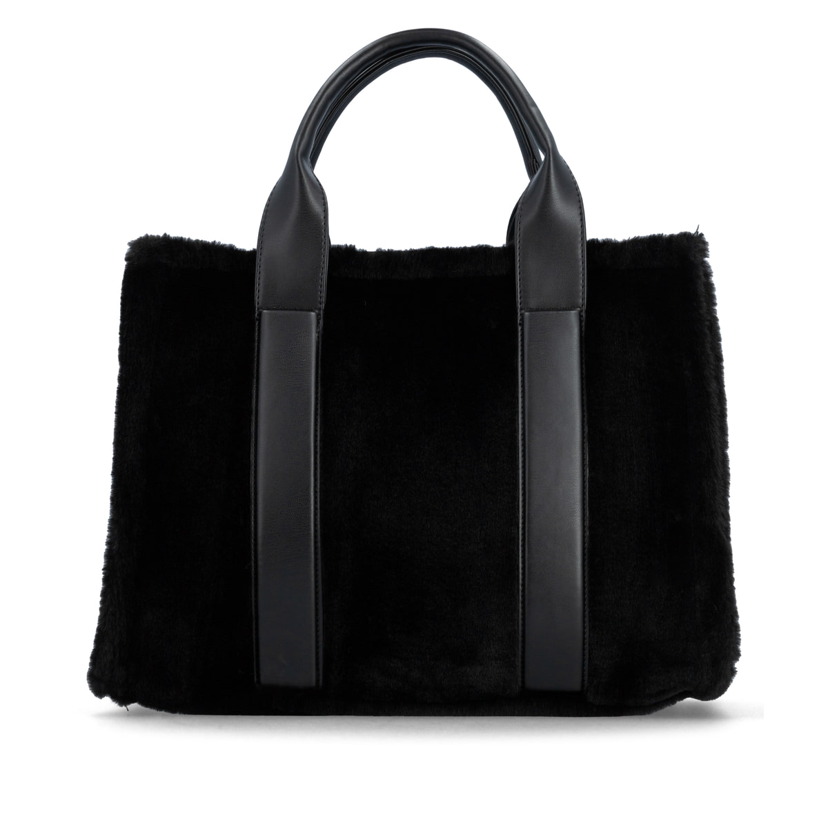 remonte Shopper Q0766-00 in Schwarz mit Reißverschluss, zusätzlichem Schulterriemen und fluffy Obermaterial. Rückseite.
