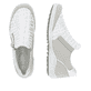 Silberweiße remonte Damen Slipper R1428-80 mit einem Reißverschluss. Schuh von oben, liegend.