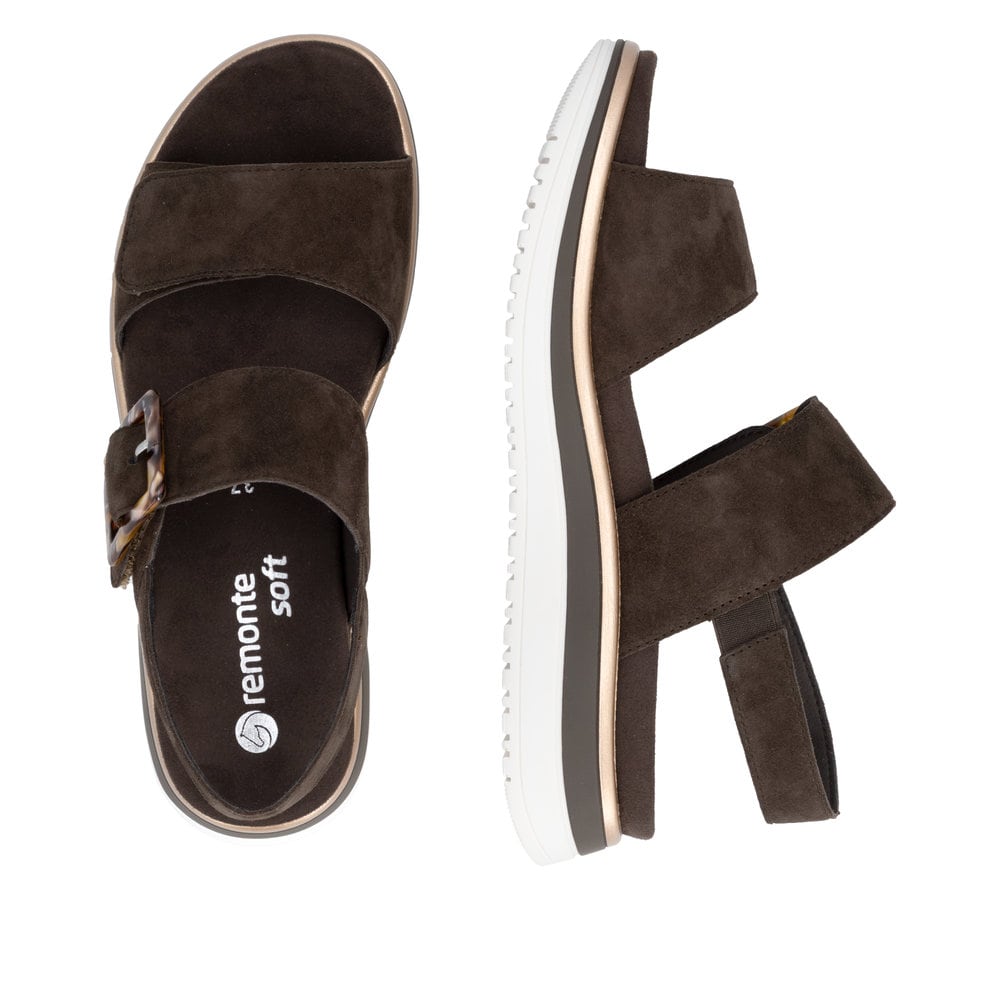 Dunkelbraune remonte Riemchensandalen D1J62-25 mit trendiger Schnalle. Schuh von oben, liegend.