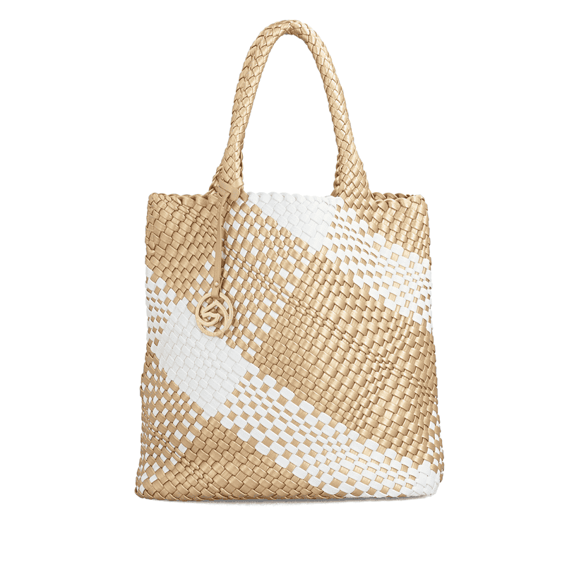 Sac à main remonte Q0761-81 beige avec design tressé et poche amovible. Devant.