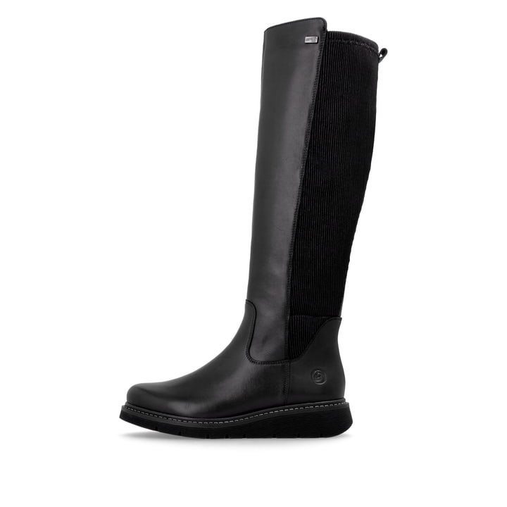 
Tiefschwarze remonte Damen Hochschaftstiefel D3975-01 mit einer leichten Profilsohle. Schuh Außenseite