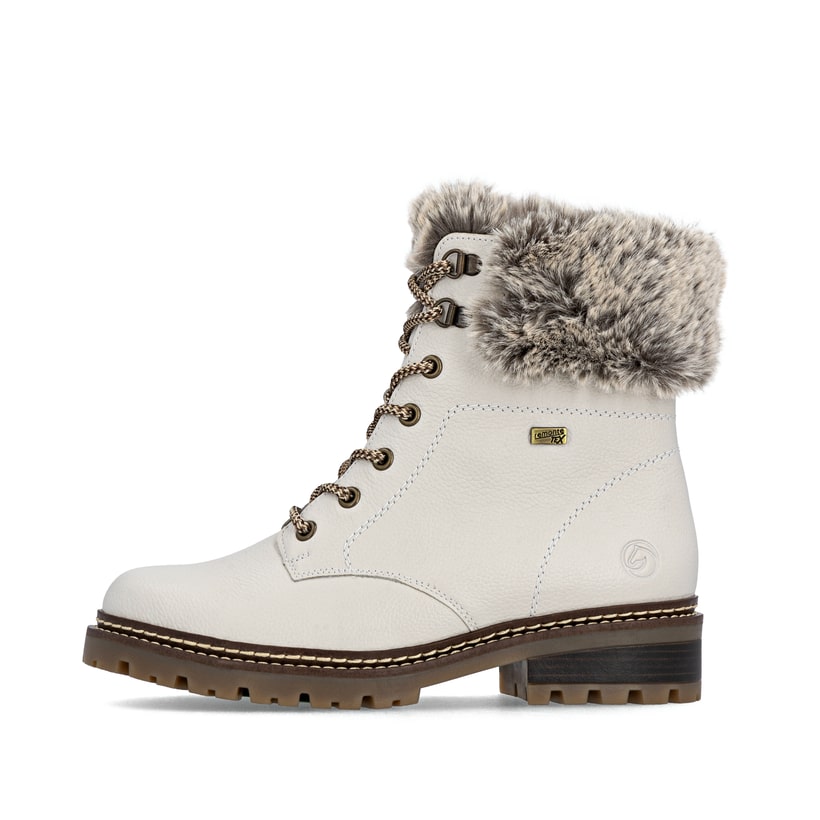 Cremeweiße remonte Damen Schnürstiefel D0B74-80 mit griffiger Glass-Fibre Sohle. Schuh Außenseite