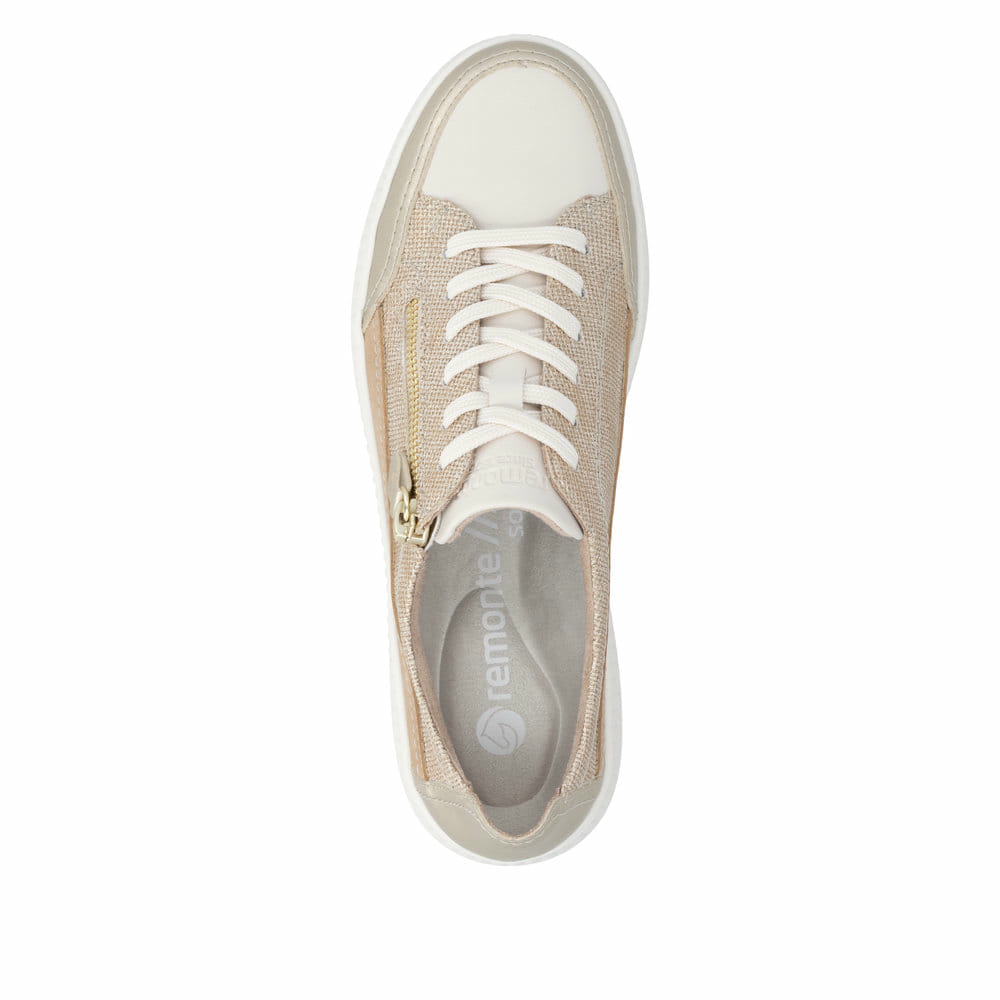Beige vegane remonte Damen Sneaker D2E06-60 mit einem Reißverschluss. Schuh von oben.
