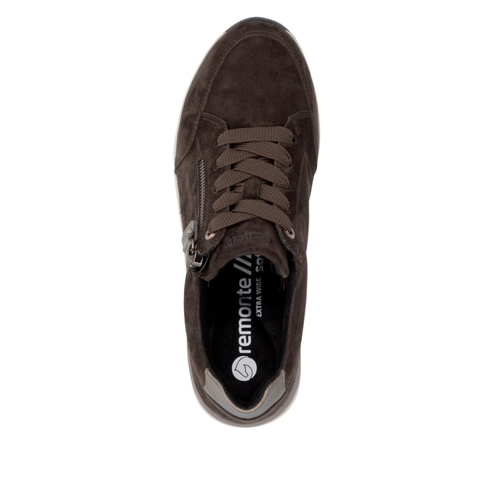 Dunkelbraune remonte Damen Sneaker D0T03-25 mit einem Reißverschluss. Schuh von oben.