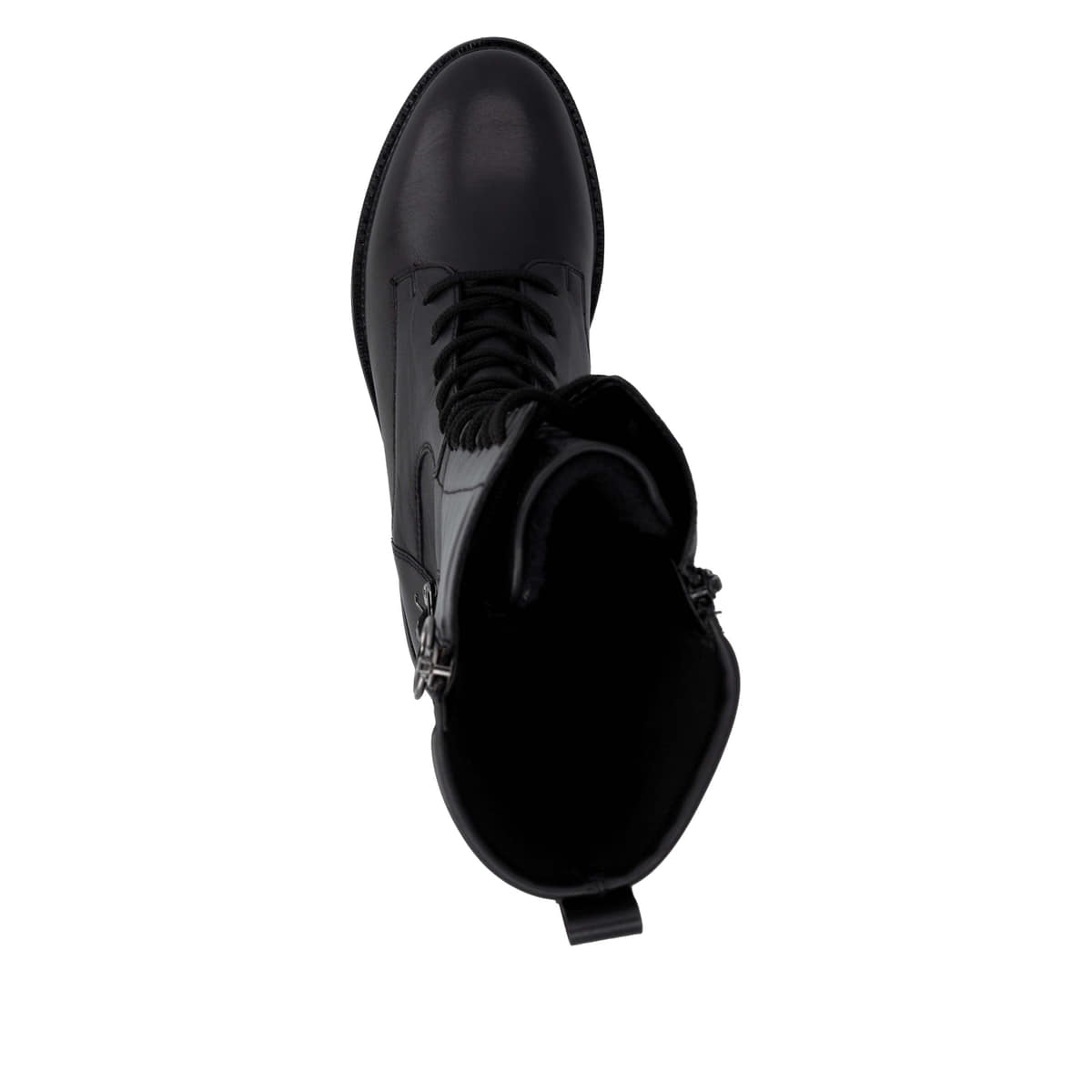 Schwarze remonte Hochschaftstiefel D2W71-00 mit Deko-Schnalle. Schuh von oben.