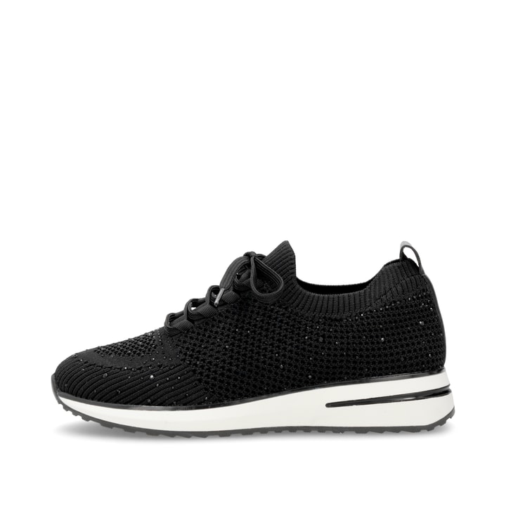 Schwarze remonte Damen Slipper D1G12-00 mit einem Gummizug. Schuh Außenseite.
