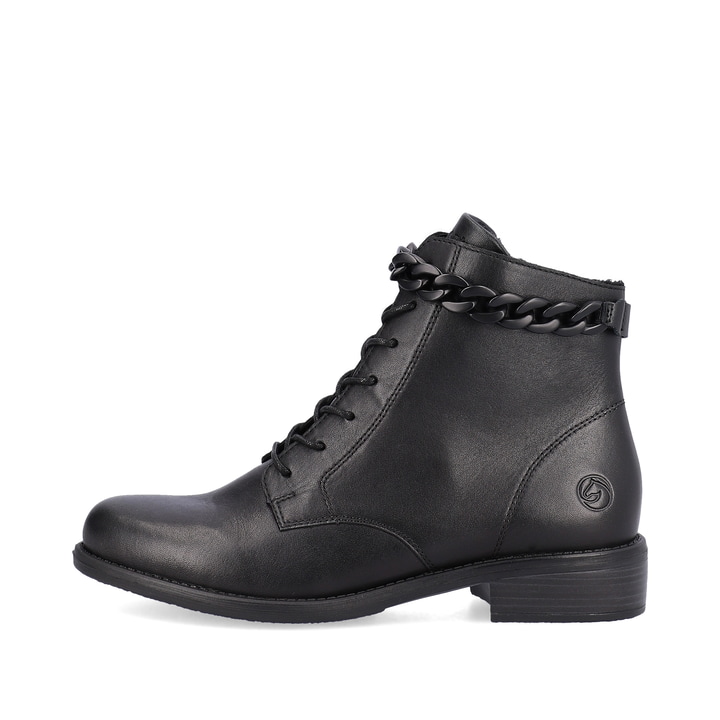 
Glanzschwarze remonte Damen Biker Boots D0F74-01 mit Schnürung und Reißverschluss. Schuh Außenseite