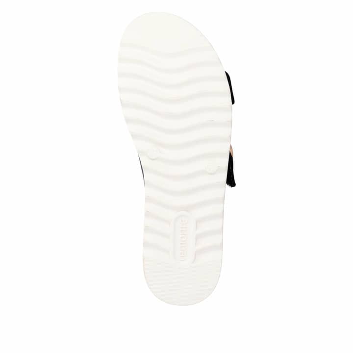 Schwarze remonte Damen Pantoletten D0Q66-00 mit trendiger Schnalle. Schuh Laufsohle.