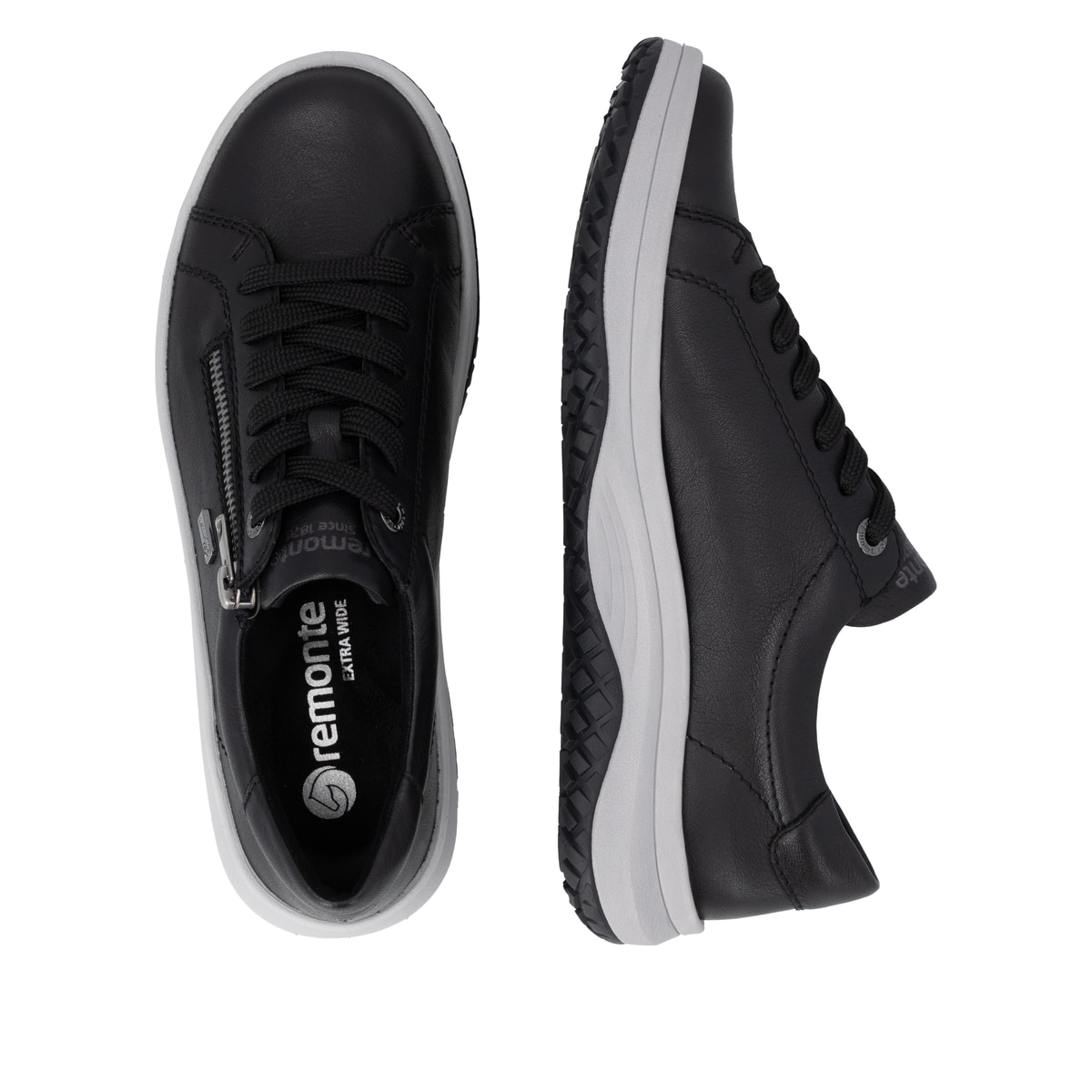 Chaussures à lacets remonte noires pour femmes D3Q00-00. Chaussure vue de dessus, couchée.