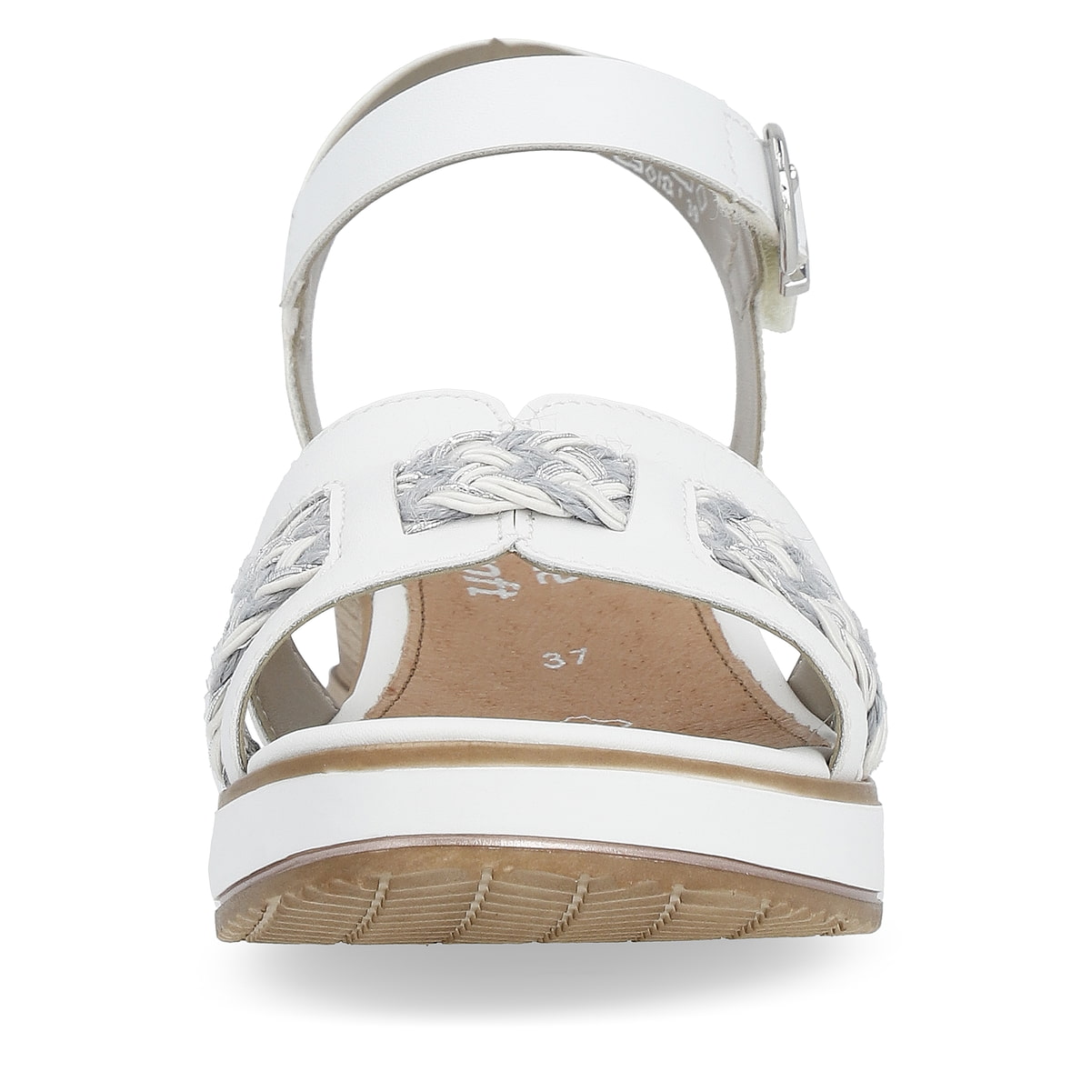 Lilienweiße remonte Keilsandaletten D6461-80 mit einem Klettverschluss. Schuh von vorne.