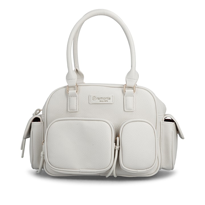 Sac à main remonte Q0769-60 blanc avec finitions métalliques et fermeture éclair. Devant.