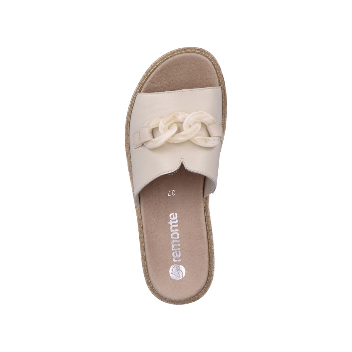 
Cremebeige remonte Damen Pantoletten D7952-60 mit einer leichten und dämpfenden Sohle. Schuh von oben