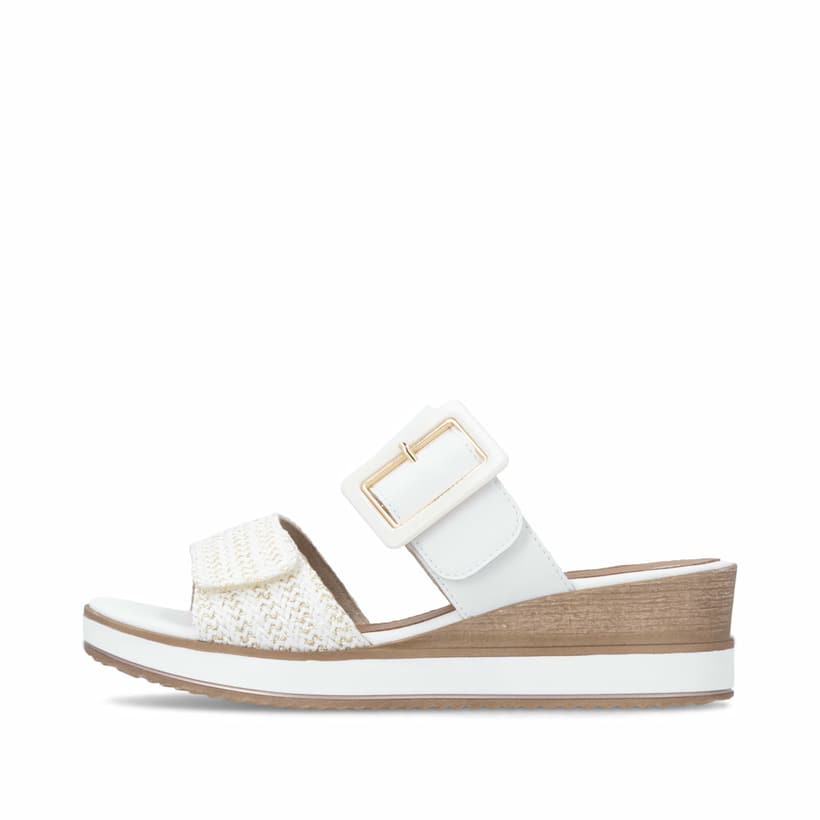 Weiße remonte Damen Pantoletten D6463-80 mit trendiger Schnalle. Schuh Außenseite.
